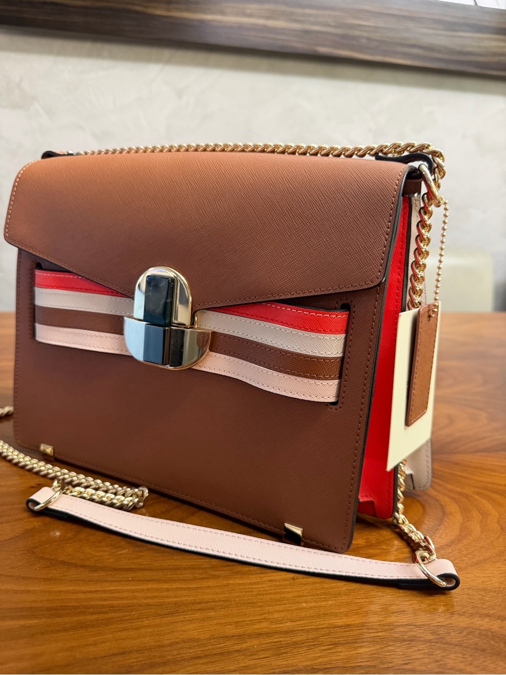 Cromia Brown Leather Crossbody Bag with Multicolor Stripe Detail and Gold Chain